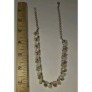 VTG Aurora Borealis Fringe Bib Necklace Prong Rhinestone AB Silvertone
